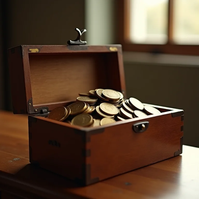 Caixa de madeira antiga cheia de moedas mostrando crescimento exponencial.