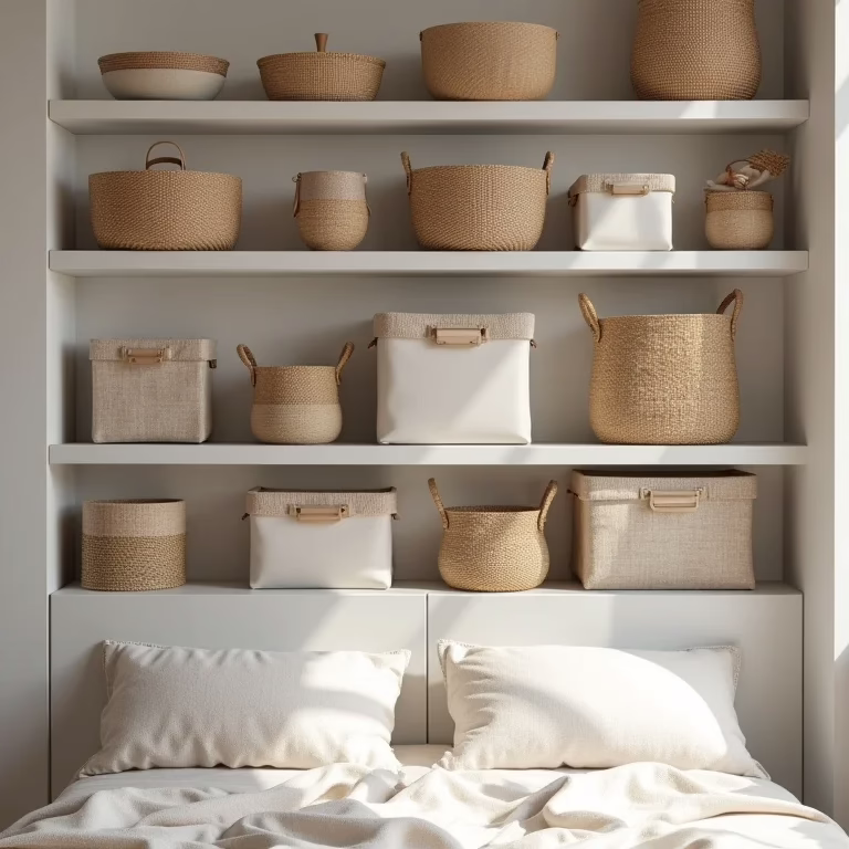 Caixas e cestas organizadoras para closet.