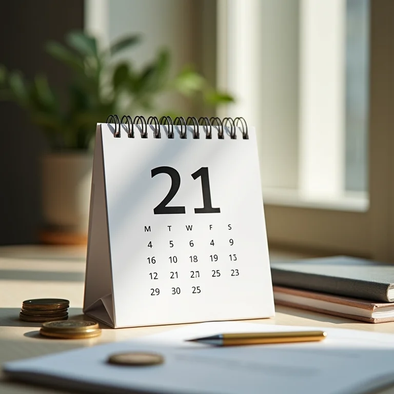 Calendário minimalista marcando data importante com moedas.