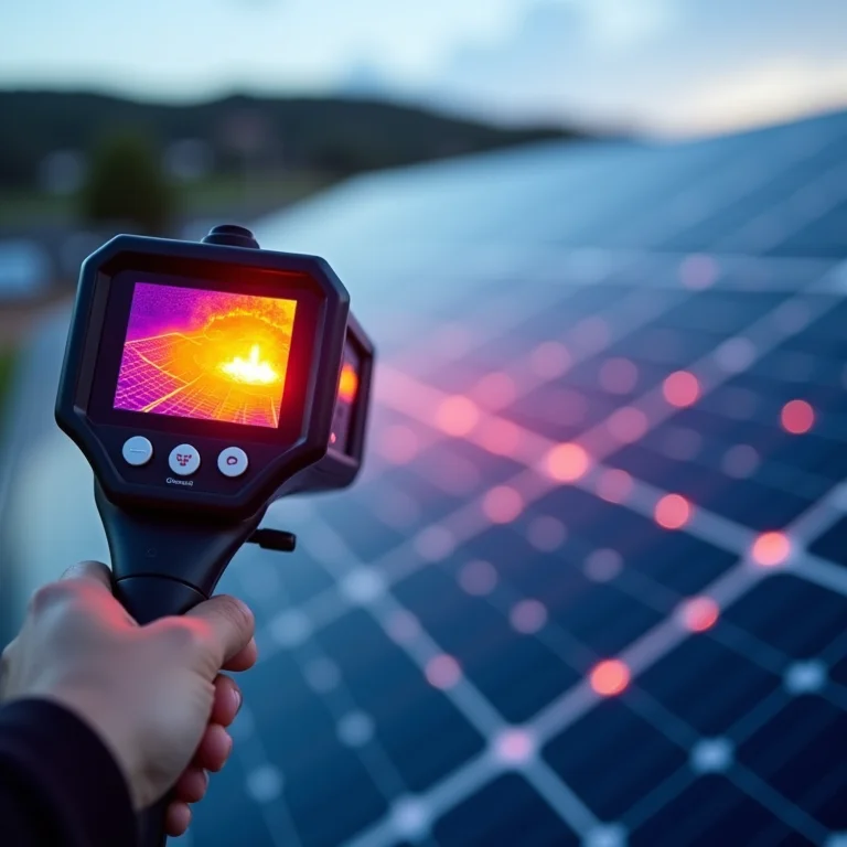 Câmera termográfica detectando problemas em painéis solares.