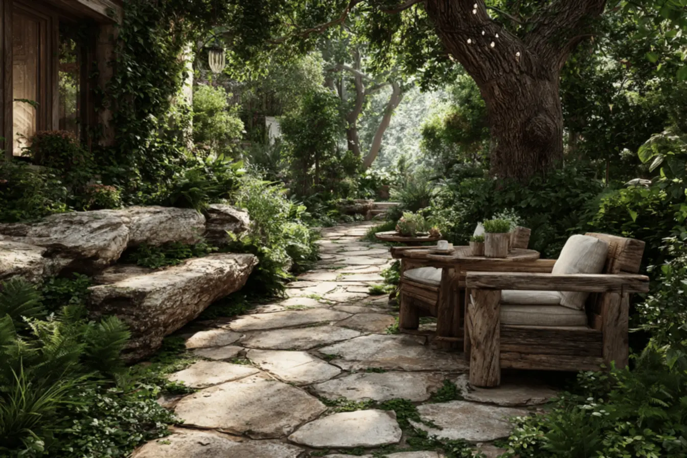 Caminho de Contos de Fadas com Pedras e Musgo: Um Jardim Místico - detalhe