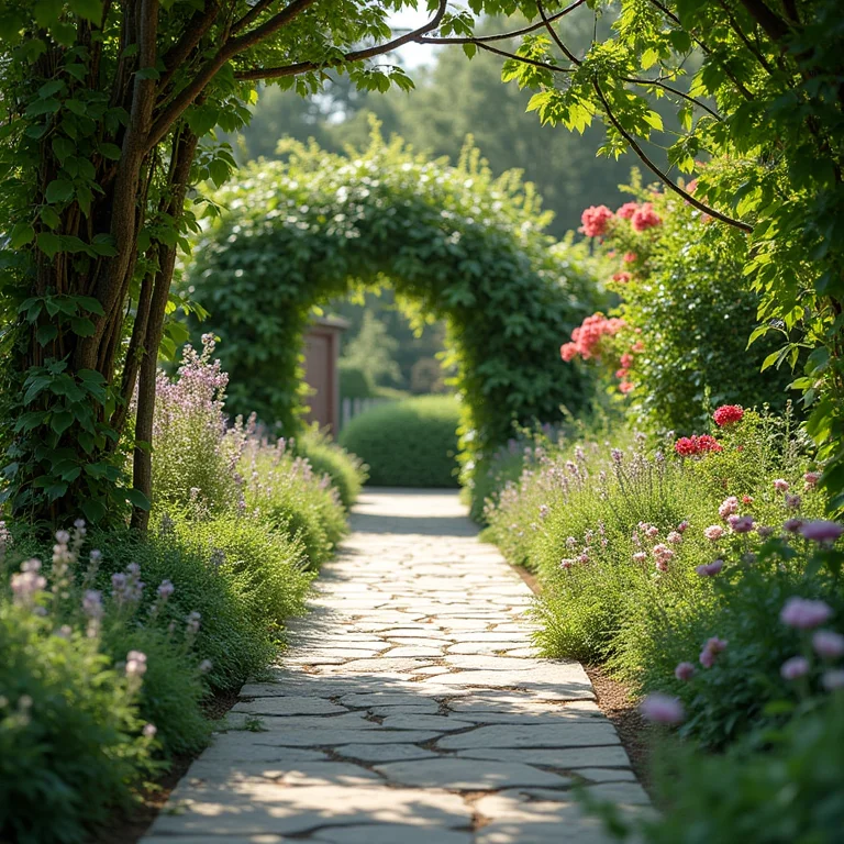 Caminho de jardim com piso de pedra natural e vegetação exuberante.