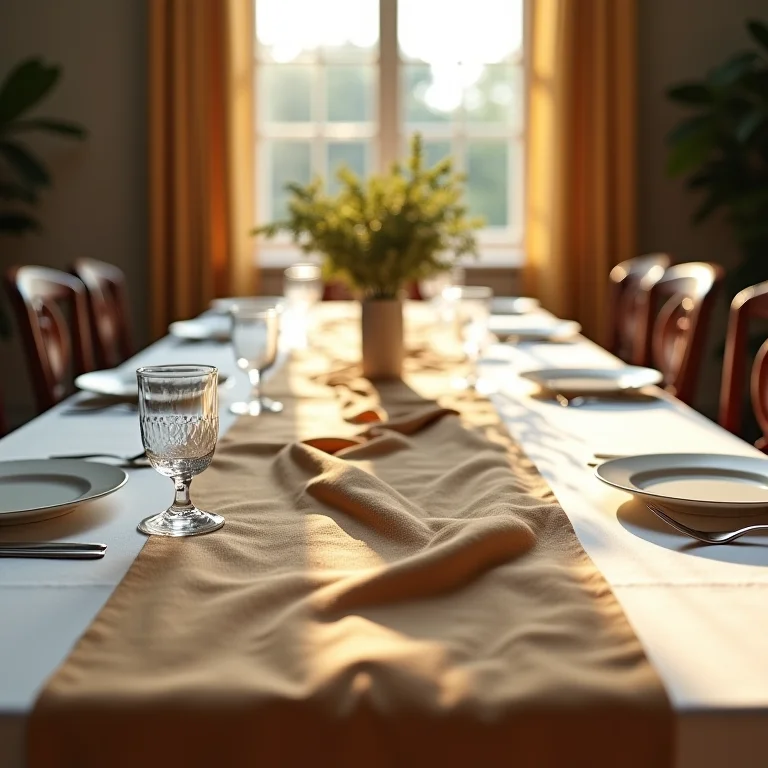 Caminho de mesa desalinhado em mesa de jantar.