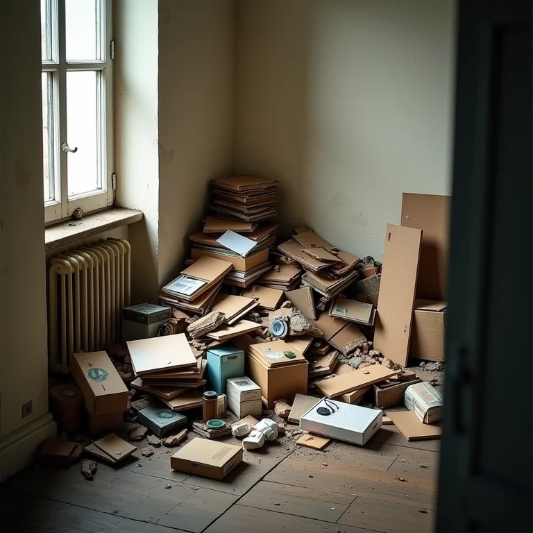 Canto da sala com objetos acumulados e desorganizados