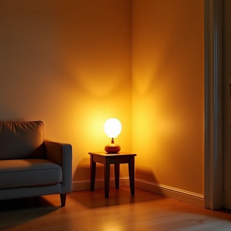 Canto de sala de estar com iluminação aconchegante.