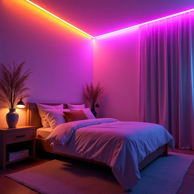 Canto de um quarto iluminado com fitas de LED coloridas.