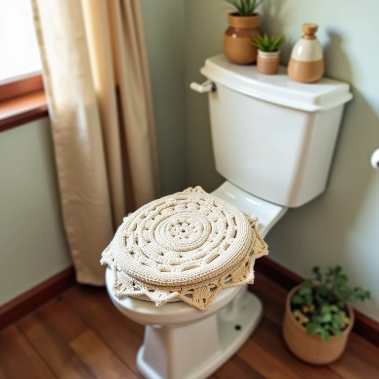 Capa de crochê para caixa acoplada em banheiro boêmio