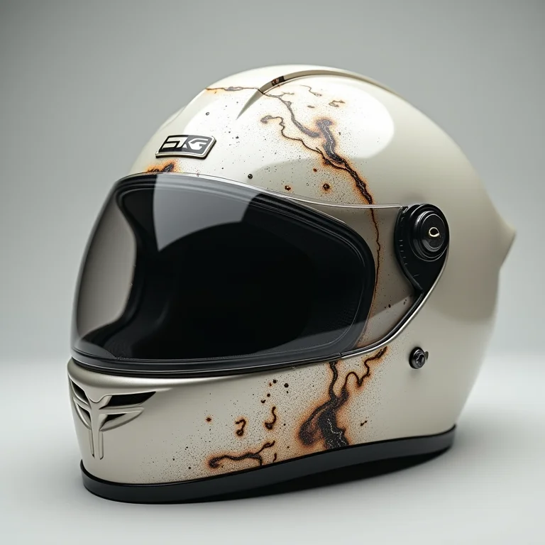 Capacete de segurança danificado após impacto.