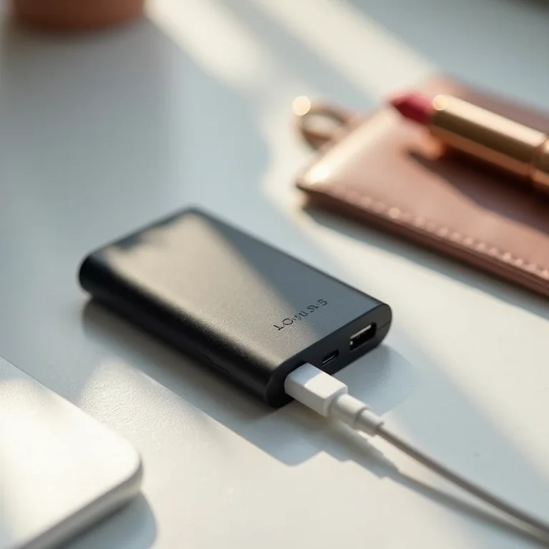 Carregador portátil compacto (5000mAh) ao lado de batom e carteira pequena