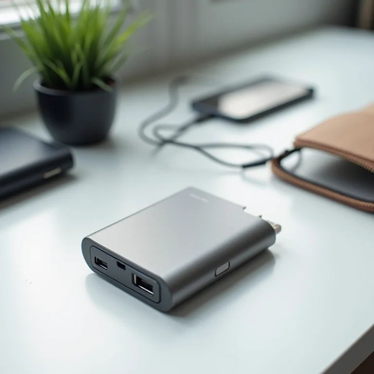 Carregador portátil compacto ao lado de smartphone e bolsa pequena