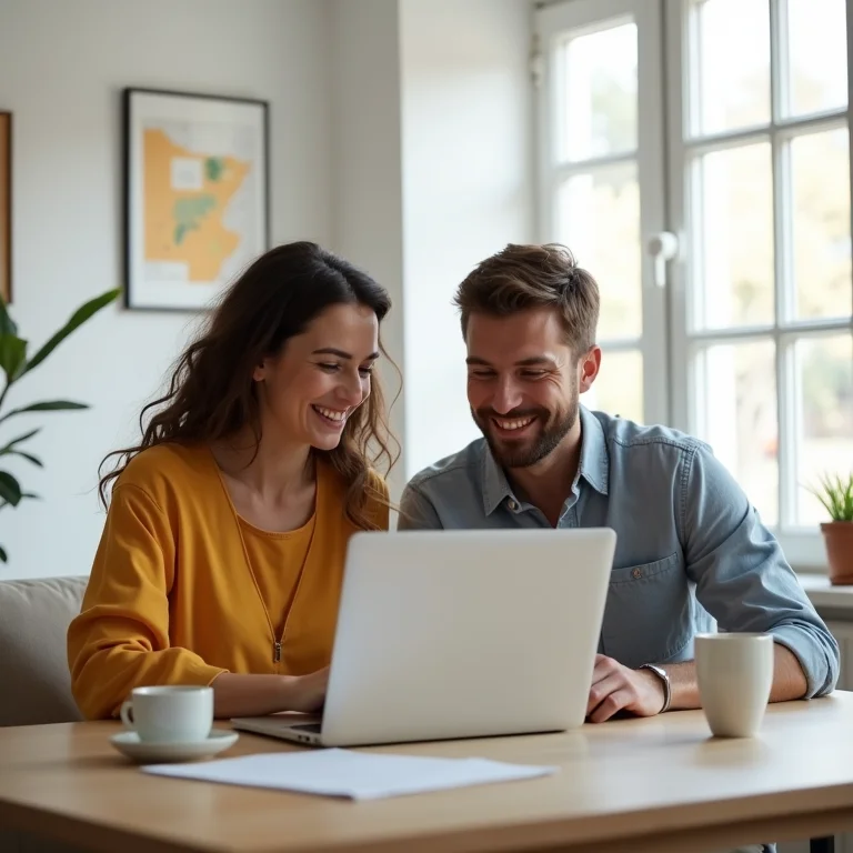 Casal trabalhando junto em escritório minimalista, buscando inspiração financeira