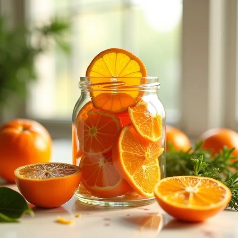 Cascas de laranja secas em pote de vidro.