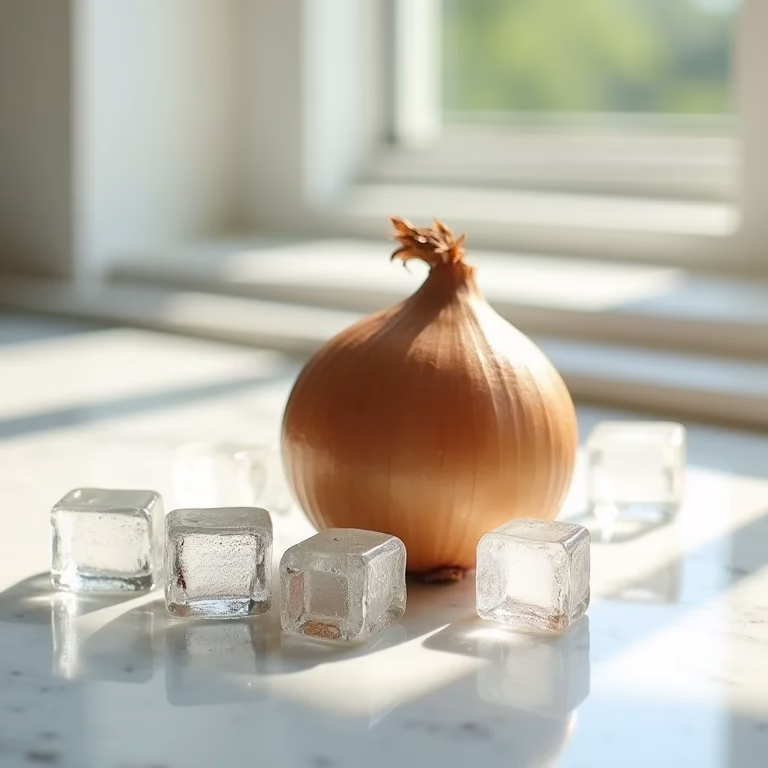 Cebola cercada por cubos de gelo