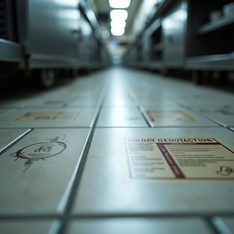 Certificações e normas de segurança em piso de cozinha de restaurante.