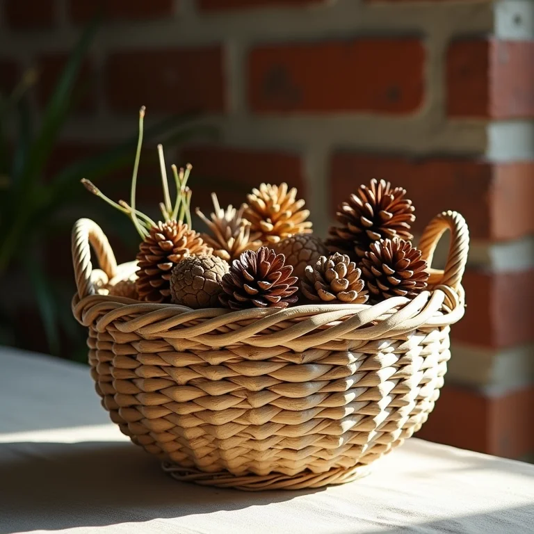 Cesta com elementos naturais e parede de tijolos à vista.