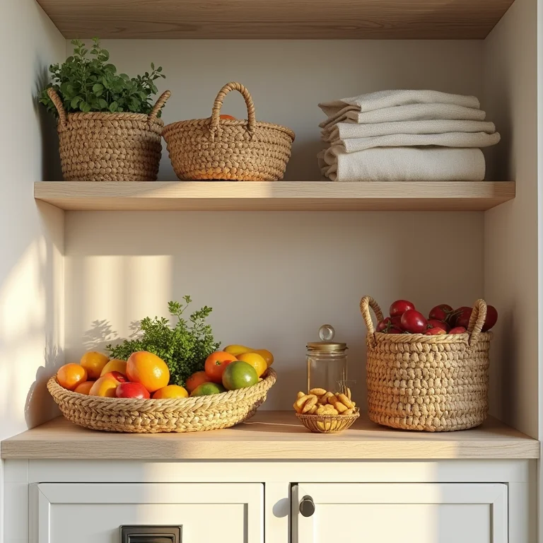 Cestos de vime organizando alimentos e panos de cozinha em prateleiras.