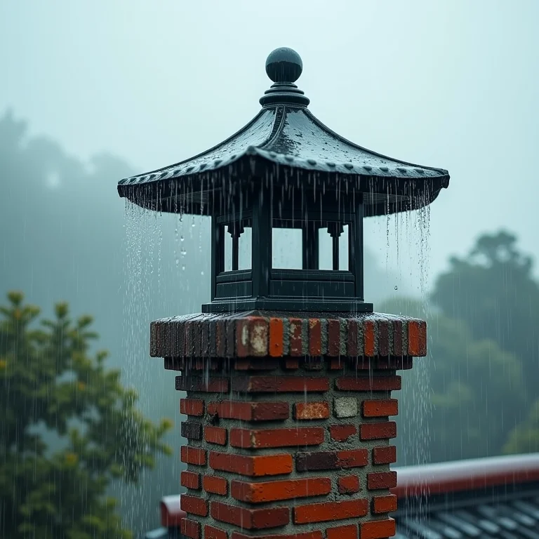 Chaminé com chapéu chinês protegendo contra a chuva forte.