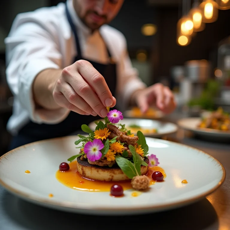 Chef adicionando flores comestíveis em prato gourmet