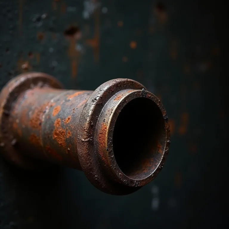 Close de um cano de metal corroído pela soda cáustica.