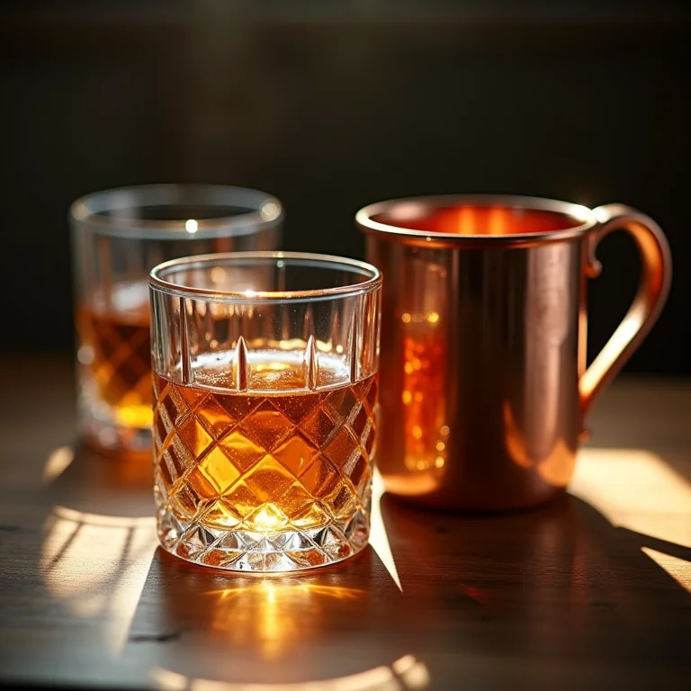 Close-up das texturas de diferentes materiais de copos: cristal, vidro e cobre.