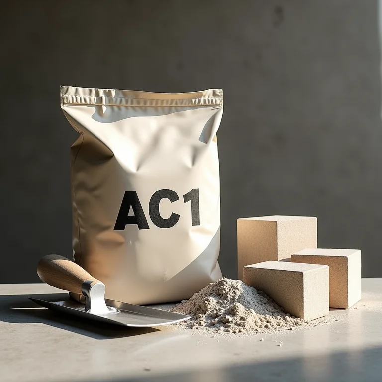 Close-up de argamassa AC1, espátula e azulejos.