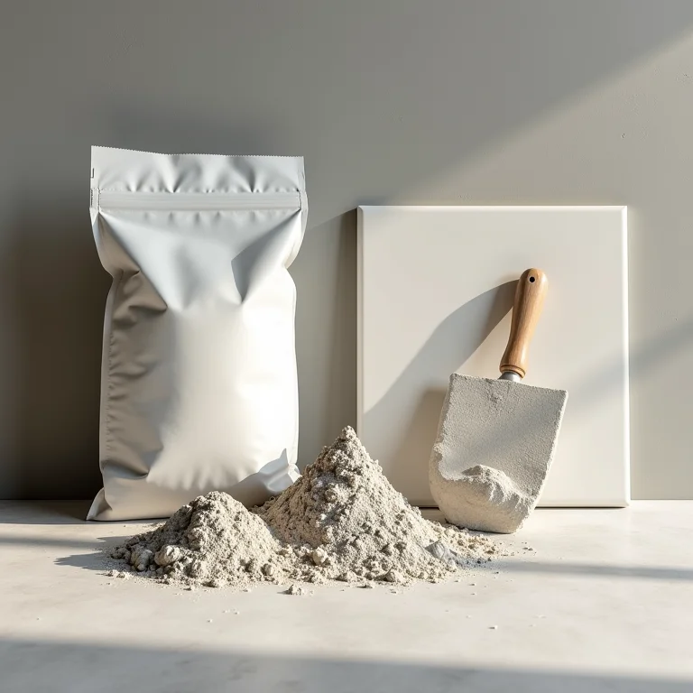 Close-up de argamassa AC3, desempenadeira dentada e porcelanatos.