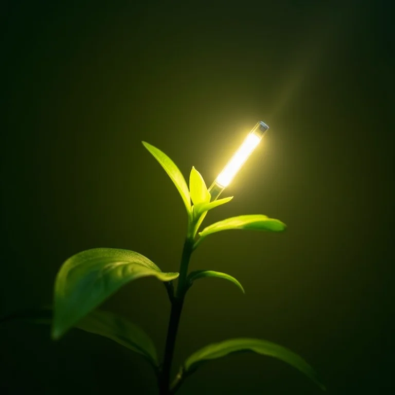 Close-up de fita de LED iluminando uma planta.