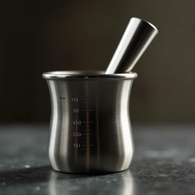 Close-up de um jigger de aço inoxidável.