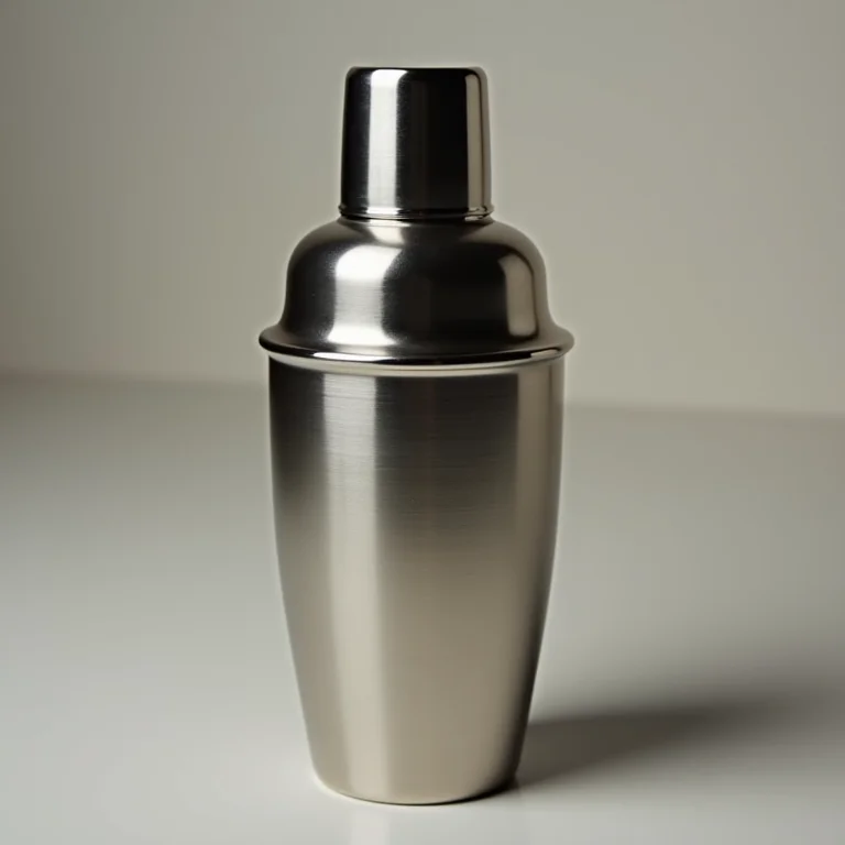 Close-up de uma coqueteleira de aço inoxidável.