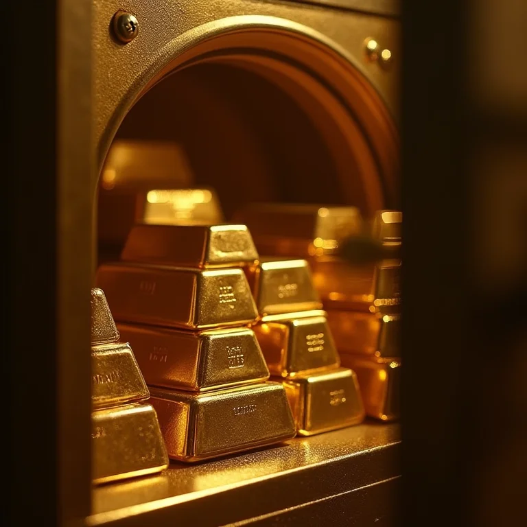 Cofre forte cheio de barras de ouro, representando investimentos seguros.