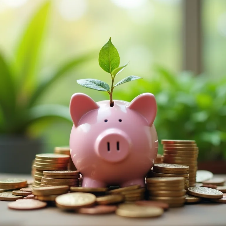 Cofrinho cheio de moedas com plantas ao redor, representando a reserva de emergência.