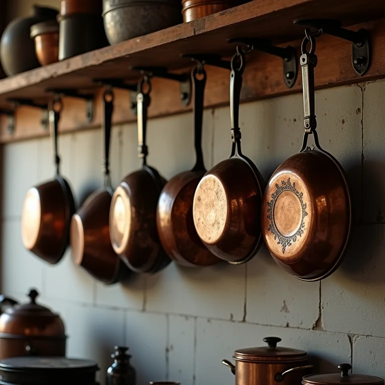 Coleção de panelas de cobre antigas penduradas na parede.