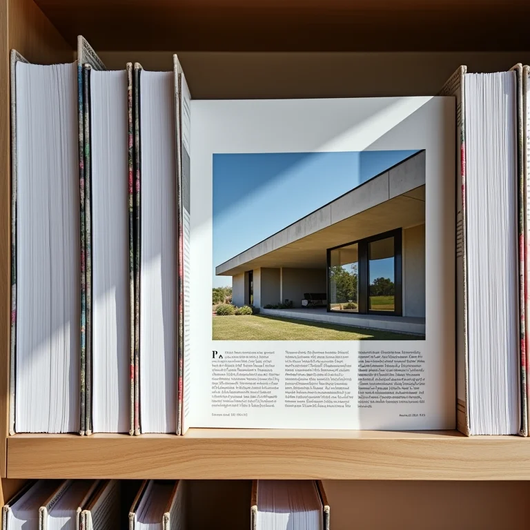 Coleção de revistas Architectural Record em estante, com volume aberto em fotografia marcante
