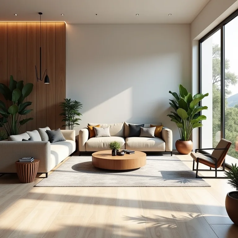 Combinação harmoniosa de pisos e revestimentos na decoração de sala de estar.