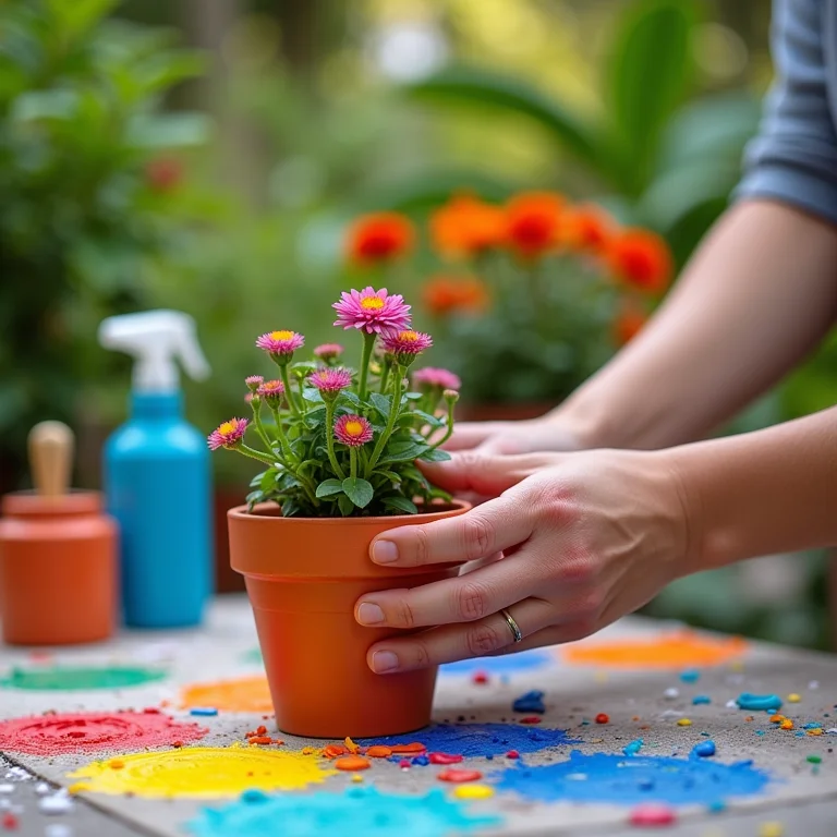 Começando a fazer DIY decoração: mãos pintando vaso de flores com cores vibrantes