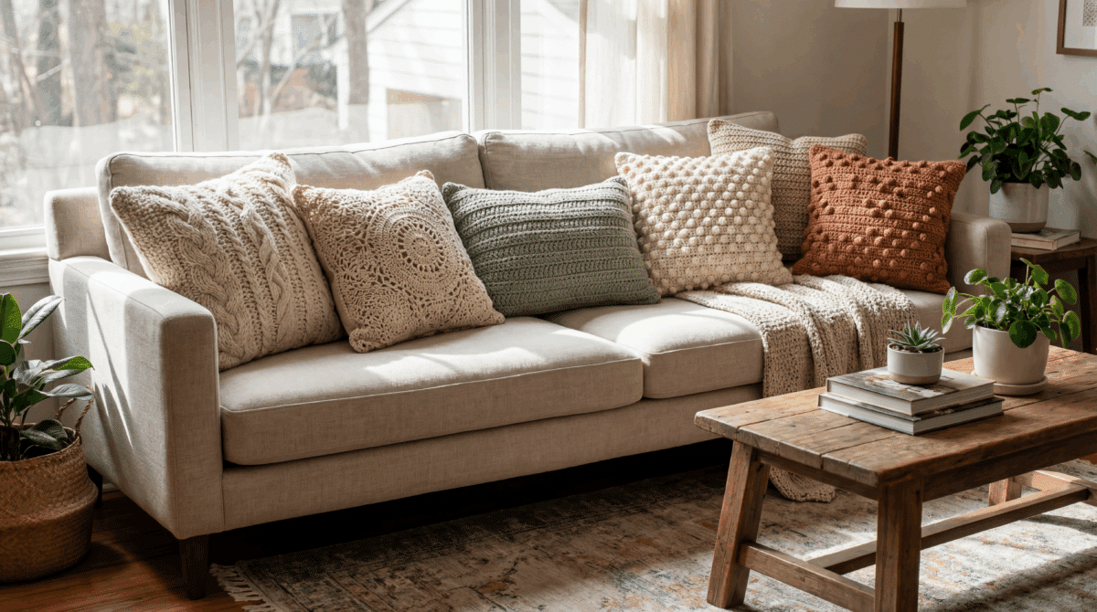 Sala Aconchegante com Almofadas de Crochê e Texturas Naturais - ideia