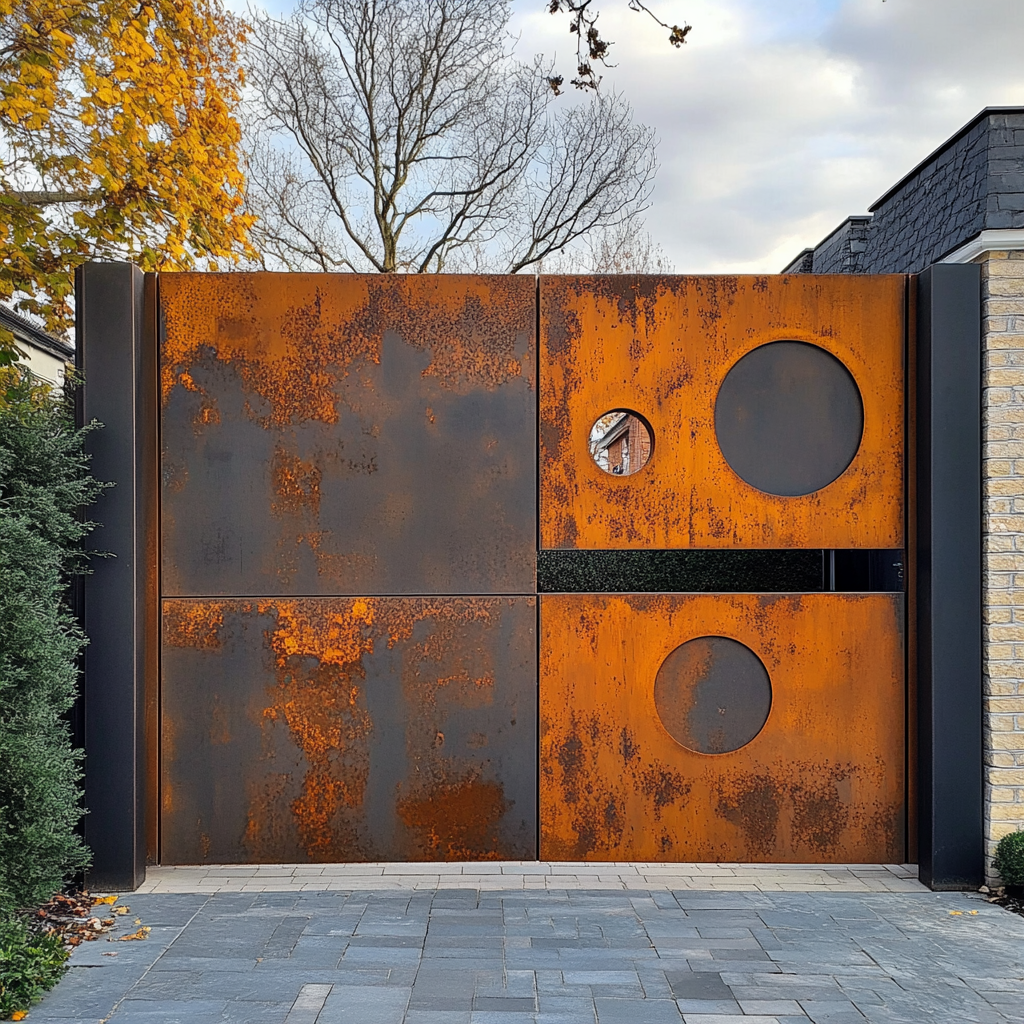 Portão Desempenado com Acabamento em Aço Corten: Visual Industrial Sofisticado - inspiração