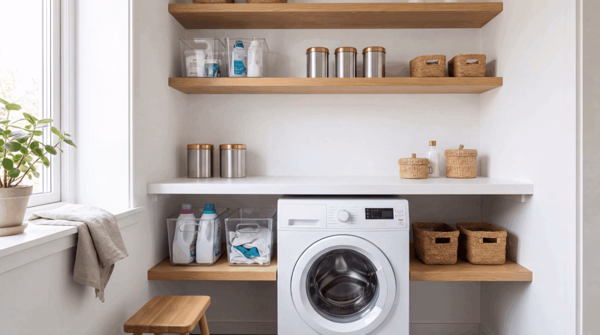 Lavanderia Minimalista com Prateleiras Flutuantes e Cores Neutras - detalhe