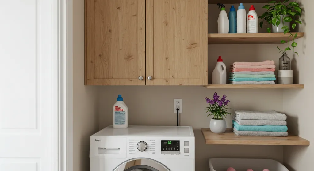 Cantinho da Limpeza Aconchegante com Cestos de Vime e Plantas - detalhe