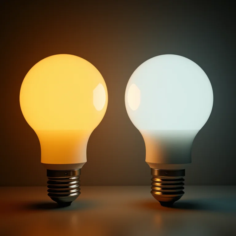 Comparação entre lâmpada brilhante e lâmpada LED dimerizada mostrando economia de energia