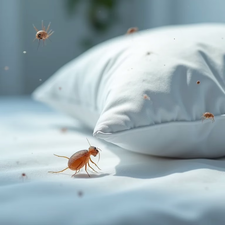 Comparação visual de ácaros e um travesseiro limpo.