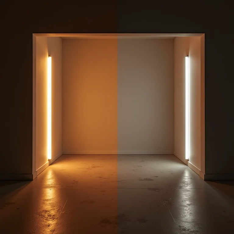 Comparativo entre espaço com e sem iluminação de fita de LED.