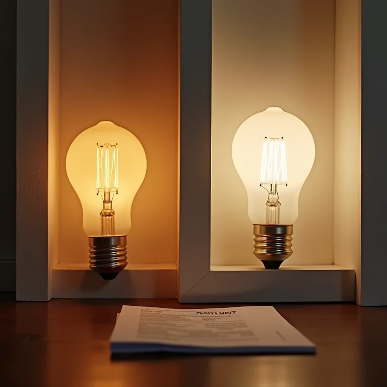 Comparativo visual de duas salas: uma com iluminação incandescente e alta conta de luz, e outra com LED e conta de luz baixa.