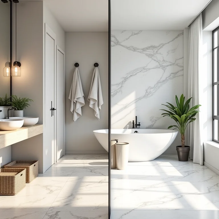 Comparação de um piso de banheiro de alto padrão vs. uma opção econômica.