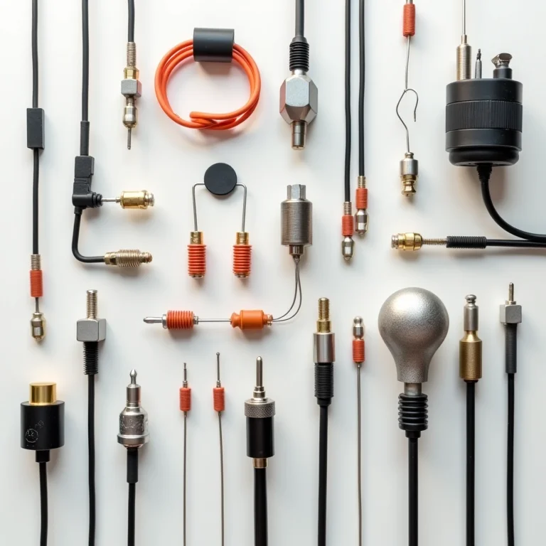 Componentes elétricos diversos organizados em um flat lay, representando os fatores que afetam a capacidade de condução