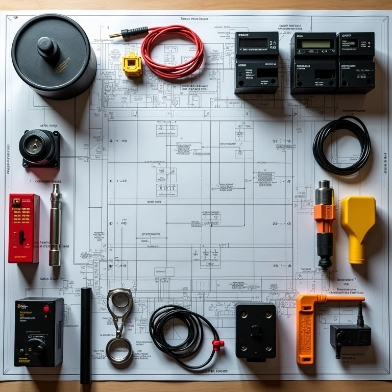 Componentes elétricos organizados em um blueprint
