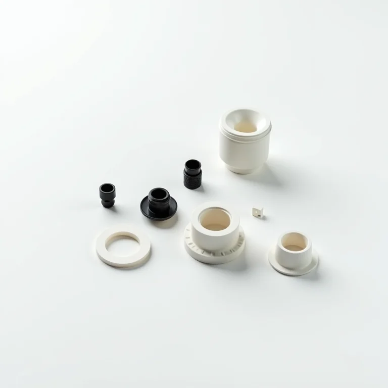 Componentes internos de uma caixa acoplada de vaso sanitário dispostos em uma superfície branca