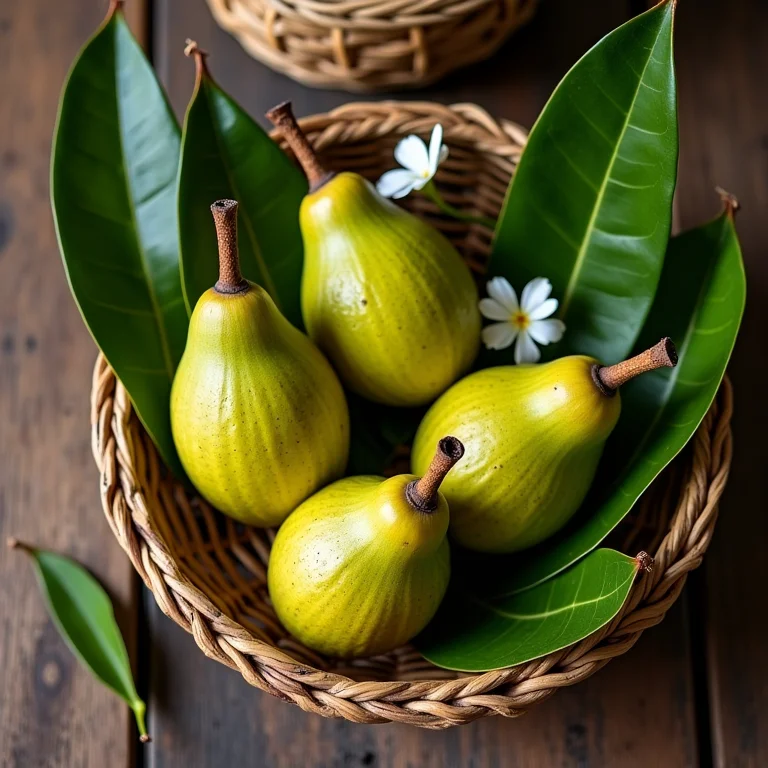 Composição flat lay de pitangas frescas com folhas e flores.