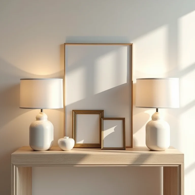 Composição simétrica de objetos vintage em sala de estar