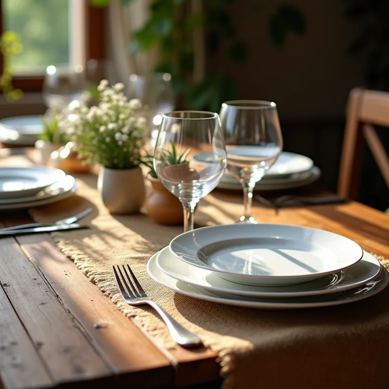 Contraste entre tecido rústico e louça refinada em mesa posta.